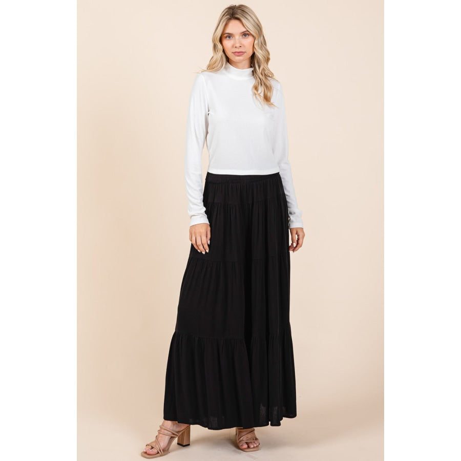 Mittoshop Tier Detail Smocked Elastic Waist Wide Leg Pants Black / S Apparel and Accessories