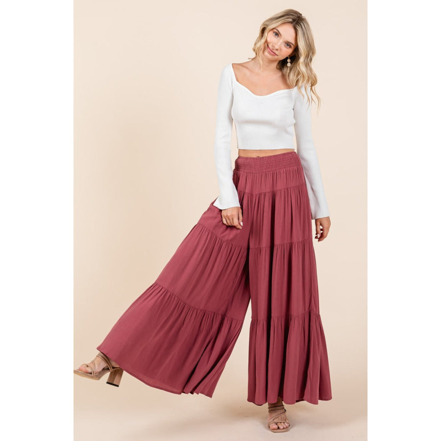 Mittoshop Tier Detail Smocked Elastic Waist Wide Leg Pants Sienna / S Apparel and Accessories