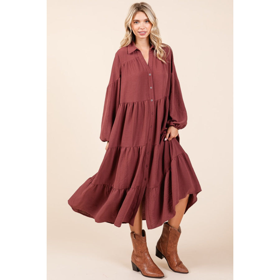 Mittoshop Tiered Button Down Long Sleeve Midi Dress Apparel and Accessories