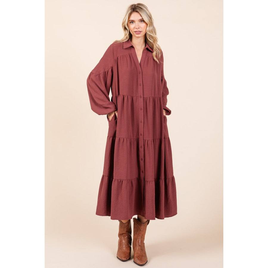 Mittoshop Tiered Button Down Long Sleeve Midi Dress Apparel and Accessories