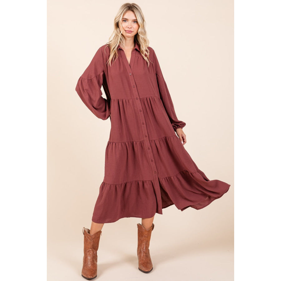 Mittoshop Tiered Button Down Long Sleeve Midi Dress Apparel and Accessories