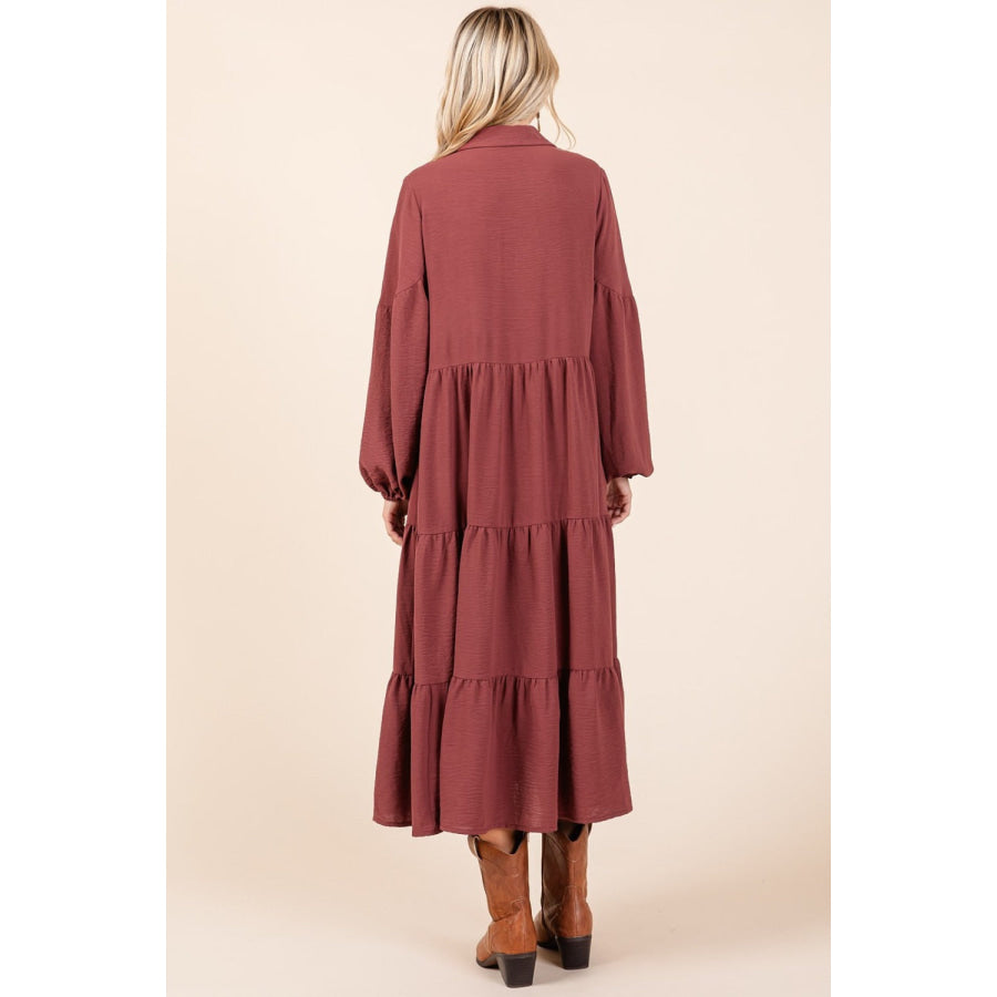 Mittoshop Tiered Button Down Long Sleeve Midi Dress Apparel and Accessories