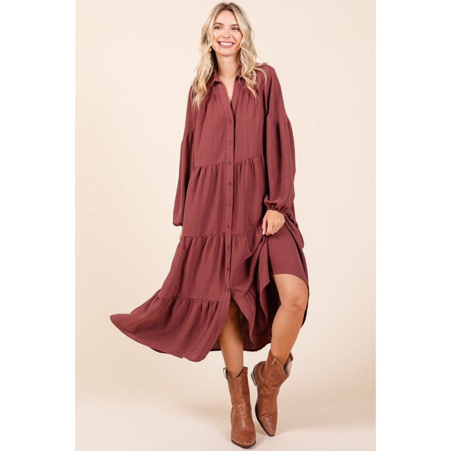 Mittoshop Tiered Button Down Long Sleeve Midi Dress Sienna / S Apparel and Accessories