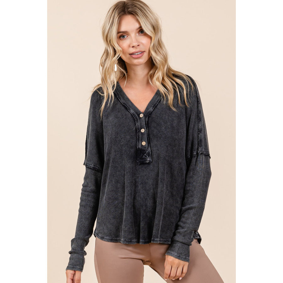 Mittoshop Washed V-Neck Long Sleeve Blouse Apparel and Accessories