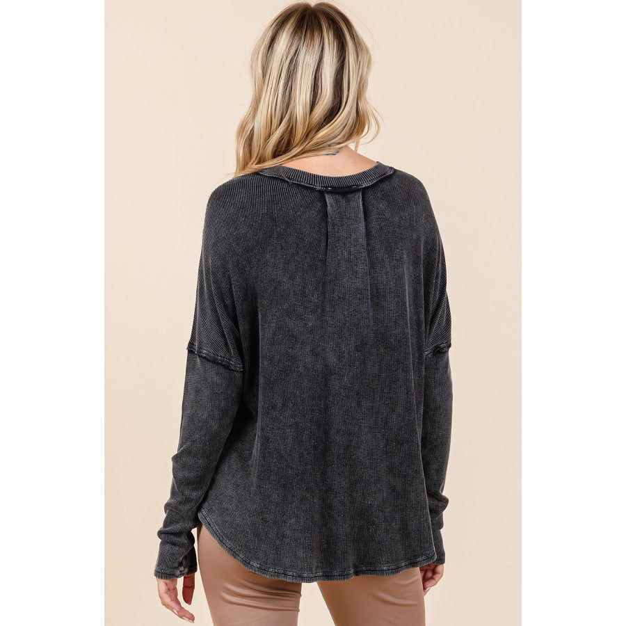 Mittoshop Washed V-Neck Long Sleeve Blouse Charcoal / S Apparel and Accessories