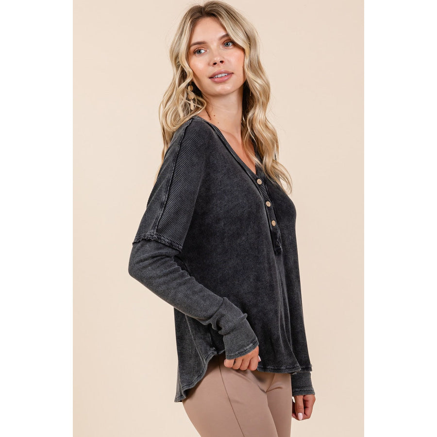 Mittoshop Washed V-Neck Long Sleeve Blouse Apparel and Accessories