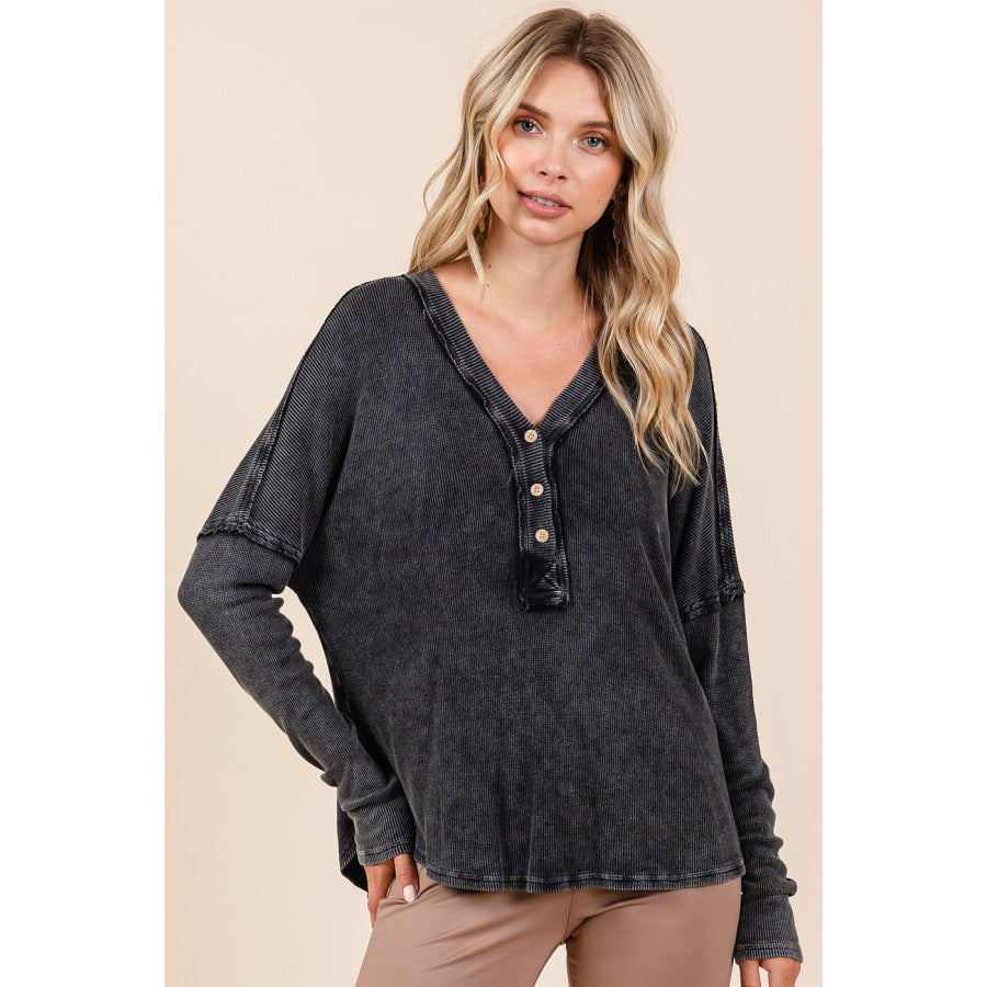 Mittoshop Washed V-Neck Long Sleeve Blouse Apparel and Accessories