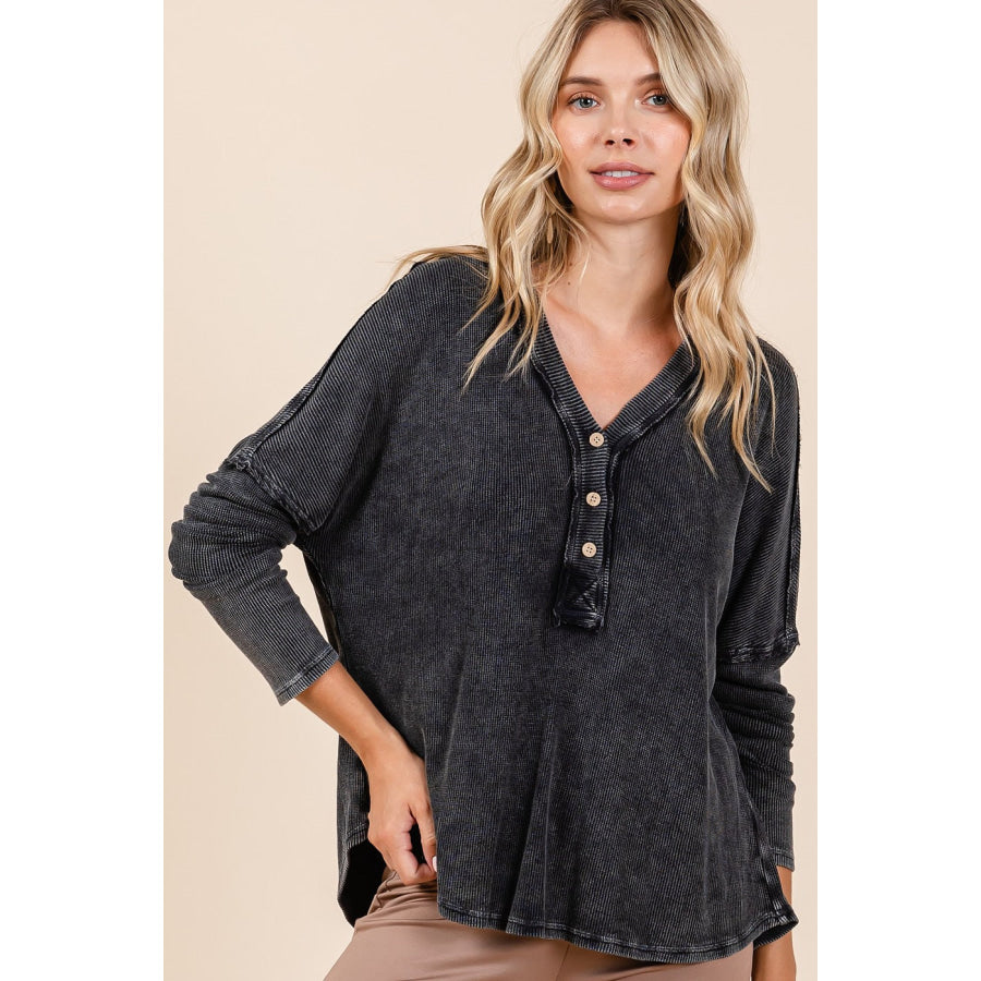 Mittoshop Washed V-Neck Long Sleeve Blouse Charcoal / S Apparel and Accessories