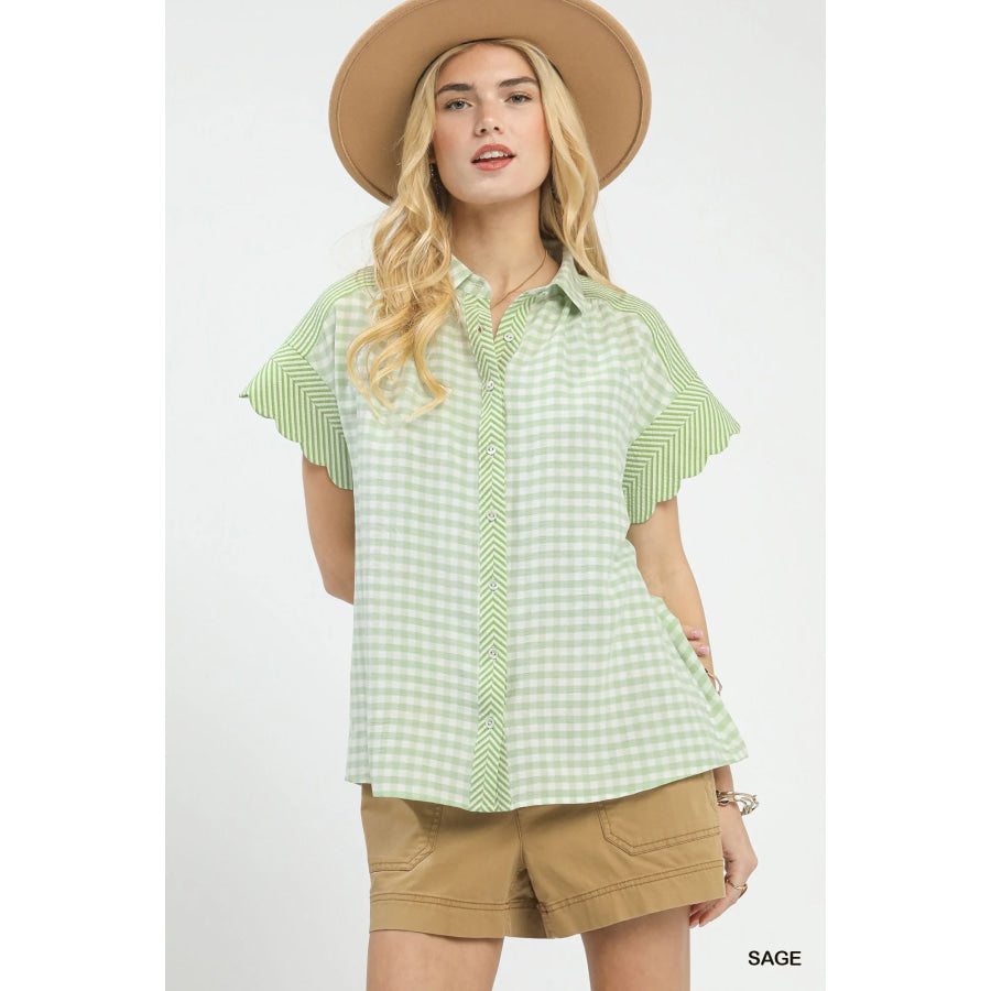 Mixed Gingham Short Sleeve Shirt SAGE / S Apparel and Accessories
