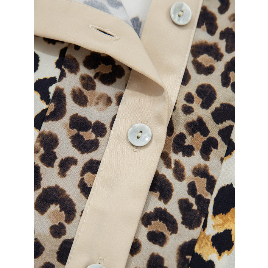 Mixed Leopard Patchwork 3/4 Sleeve Loose Shirt Apparel and Accessories