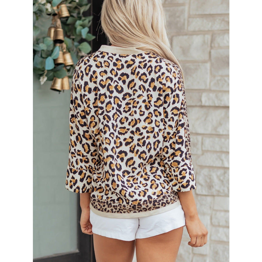 Mixed Leopard Patchwork 3/4 Sleeve Loose Shirt Apparel and Accessories