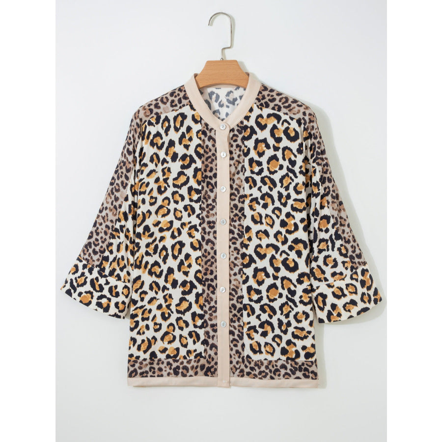 Mixed Leopard Patchwork 3/4 Sleeve Loose Shirt Apparel and Accessories