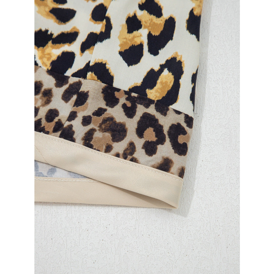 Mixed Leopard Patchwork 3/4 Sleeve Loose Shirt Apparel and Accessories