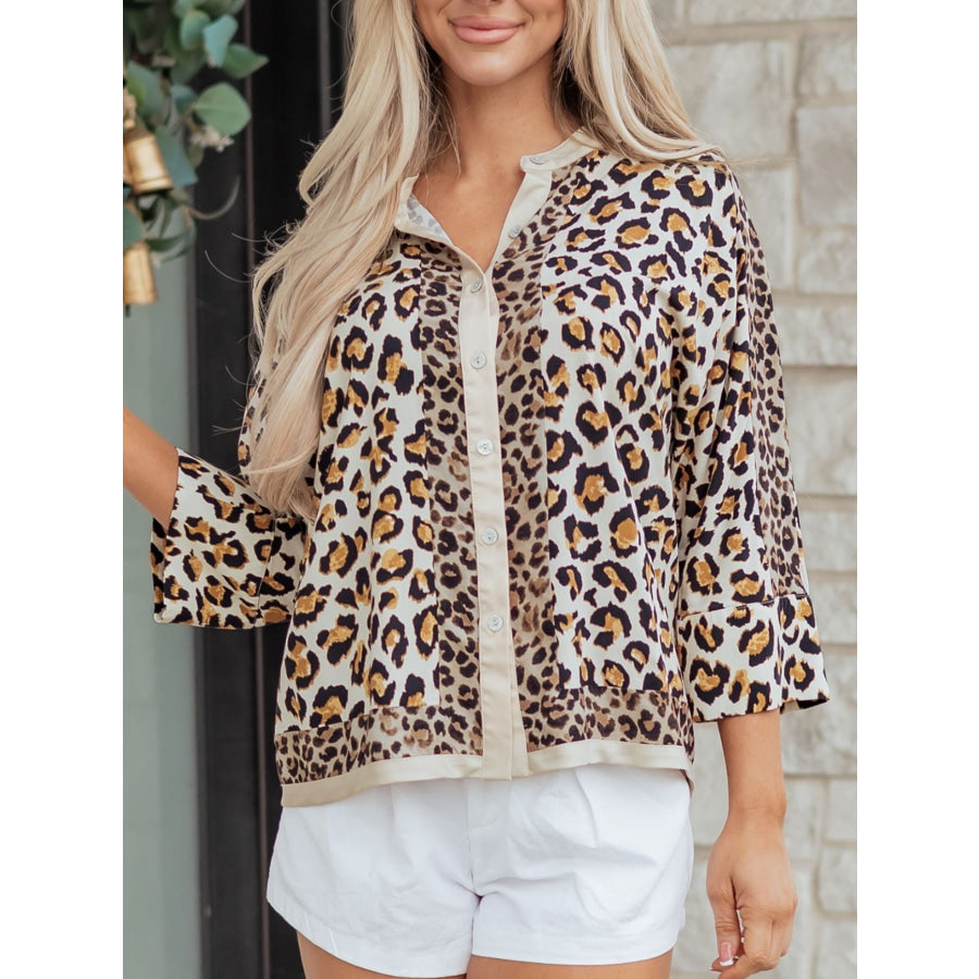 Mixed Leopard Patchwork 3/4 Sleeve Loose Shirt Apparel and Accessories