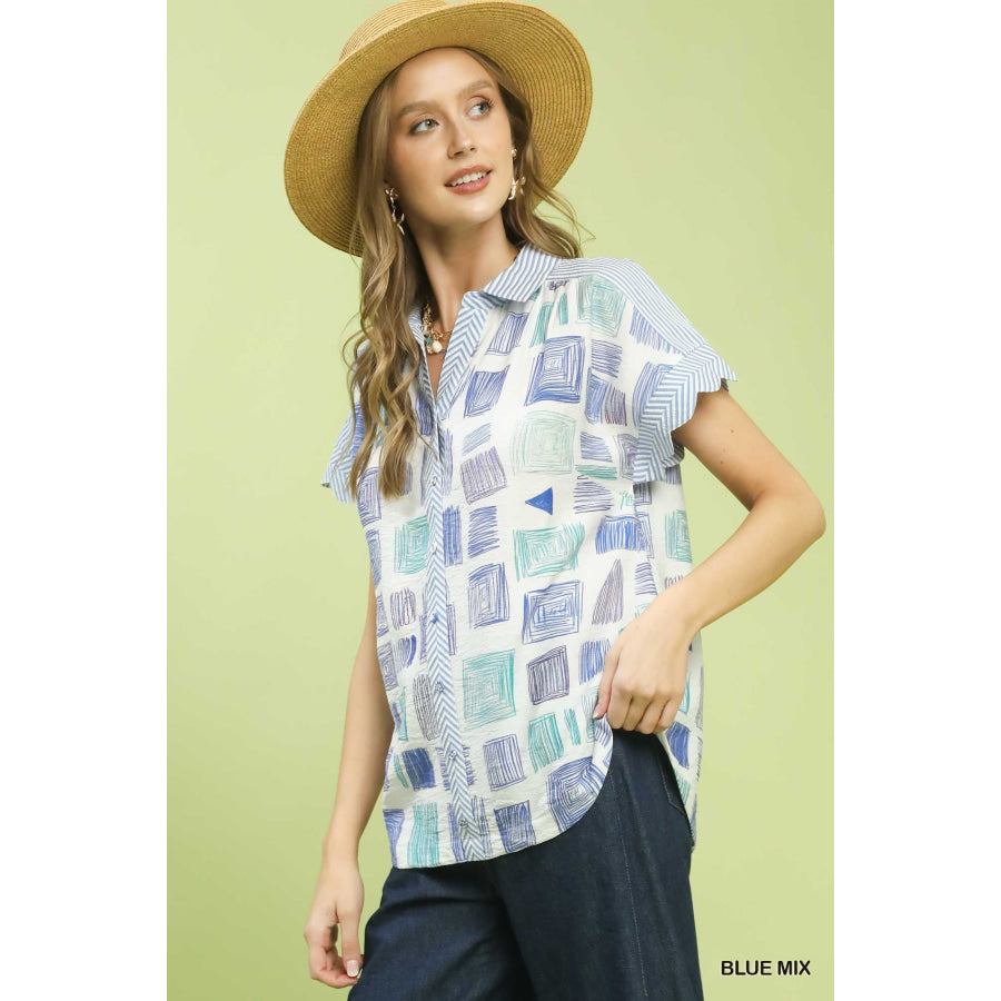 Mixed Media Print Button Front Collared Top Apparel and Accessories