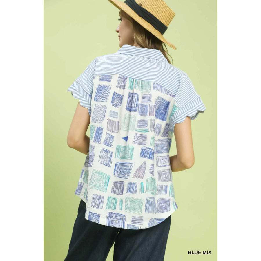 Mixed Media Print Button Front Collared Top BLUE MIX / S Apparel and Accessories