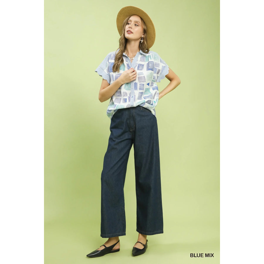 Mixed Media Print Button Front Collared Top Apparel and Accessories