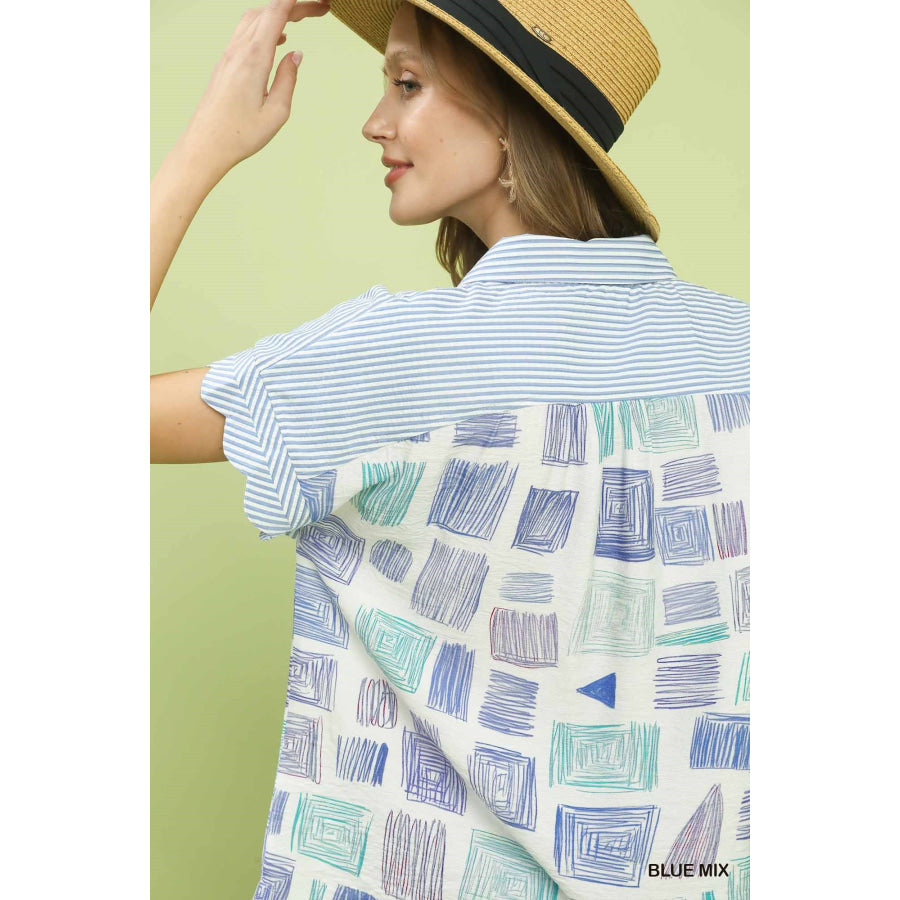 Mixed Media Print Button Front Collared Top Apparel and Accessories