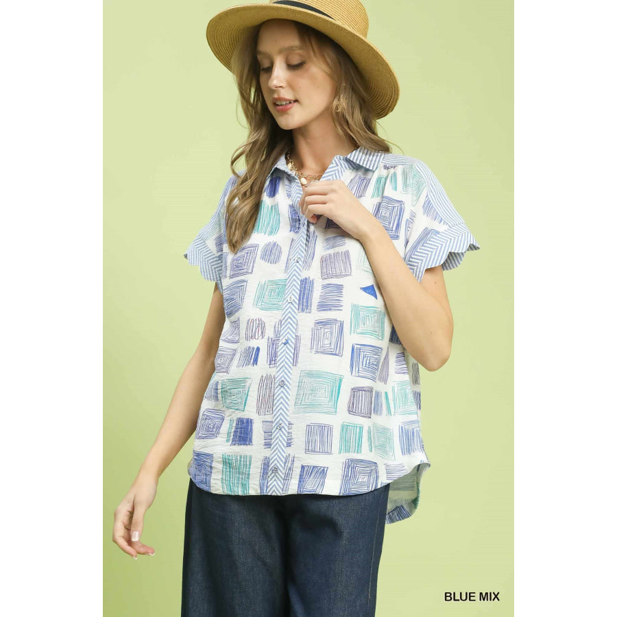 Mixed Media Print Button Front Collared Top BLUE MIX / S Apparel and Accessories