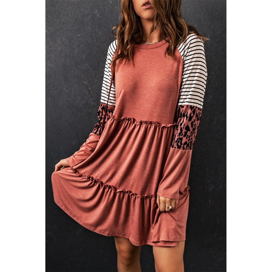 Mixed Print Frill Trim Long Sleeve Dress Burnt Coral / S