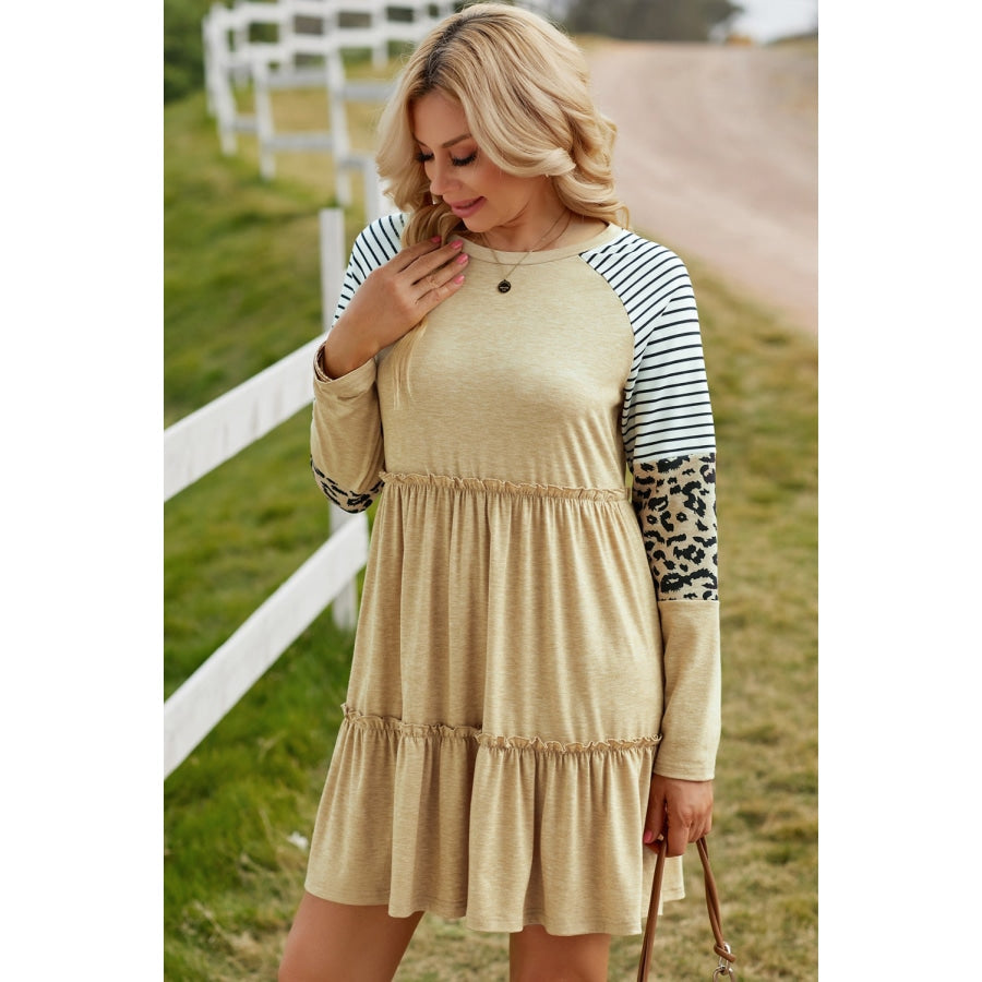 Mixed Print Frill Trim Long Sleeve Dress Tan / S