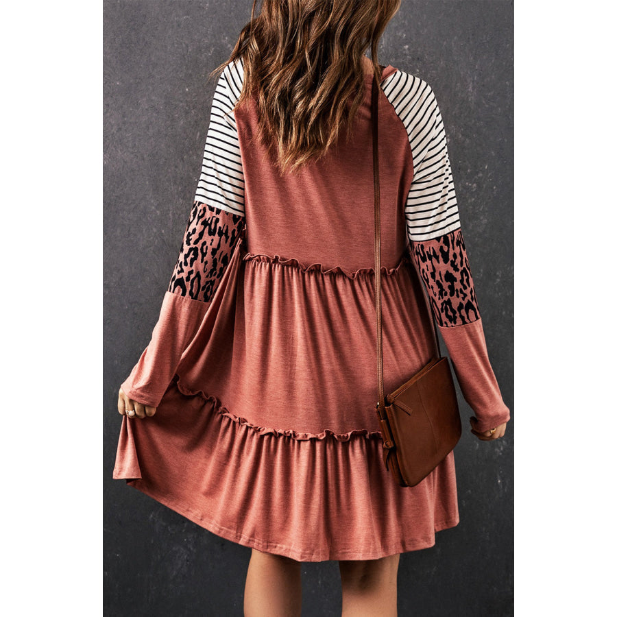 Mixed Print Frill Trim Long Sleeve Dress Burnt Coral / S