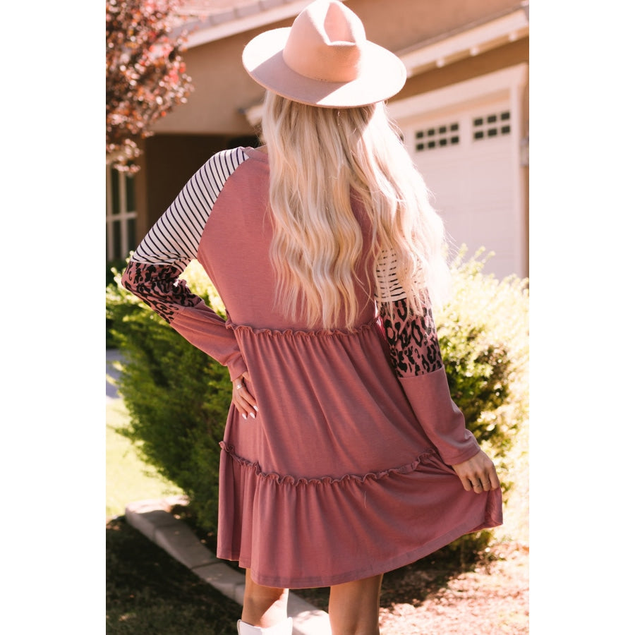 Mixed Print Frill Trim Long Sleeve Dress