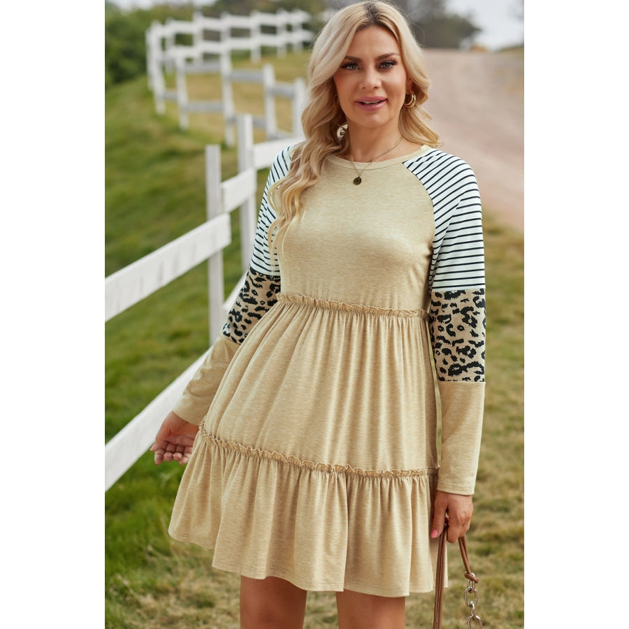 Mixed Print Frill Trim Long Sleeve Dress