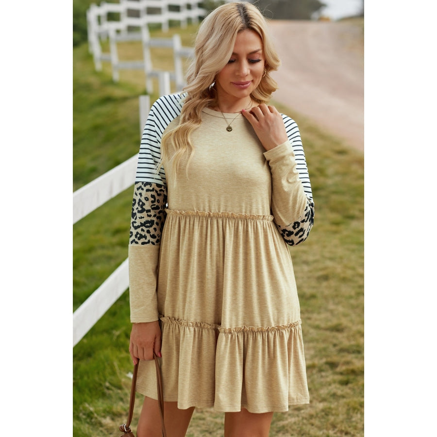 Mixed Print Frill Trim Long Sleeve Dress