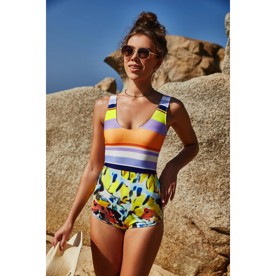 Mixed Print Thick Strap Scoop Neck One-Piece Swimsuit Multi / L Apparel and Accessories