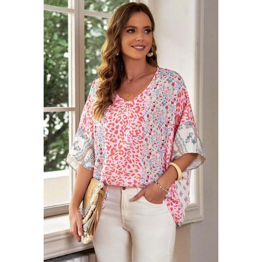 Mixed Print V-Neck Blouse Floral / S