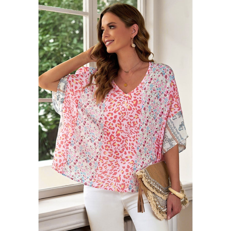 Mixed Print V-Neck Blouse