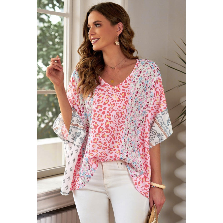 Mixed Print V-Neck Blouse