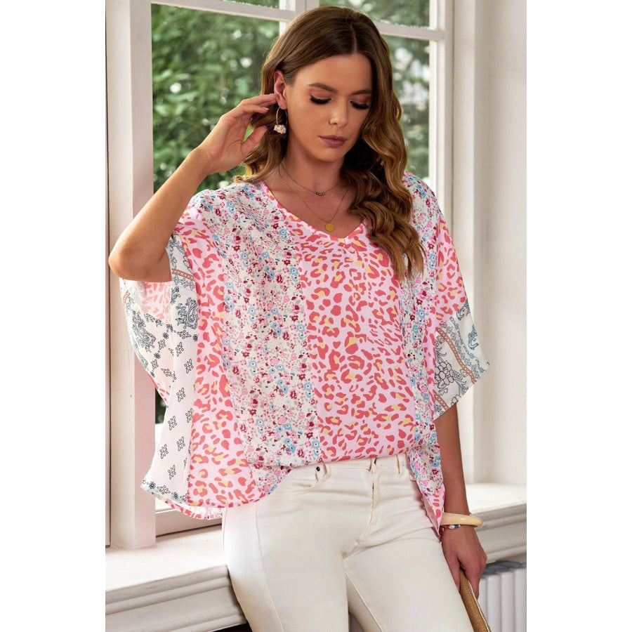 Mixed Print V-Neck Blouse