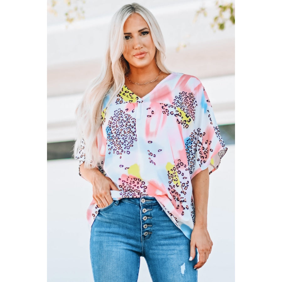 Mixed Print V-Neck Half Sleeve Top Multicolor / S