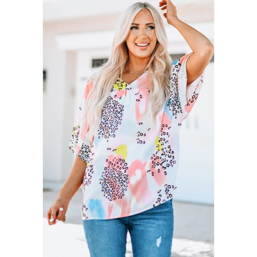 Mixed Print V-Neck Half Sleeve Top