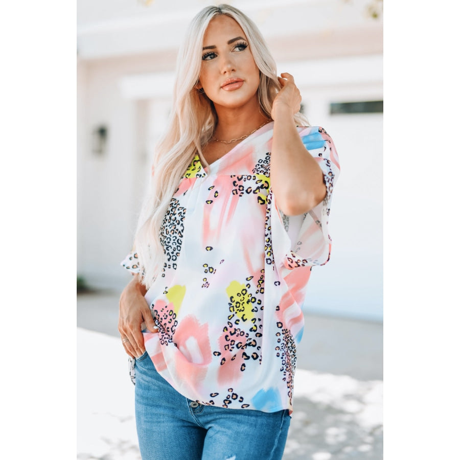 Mixed Print V-Neck Half Sleeve Top