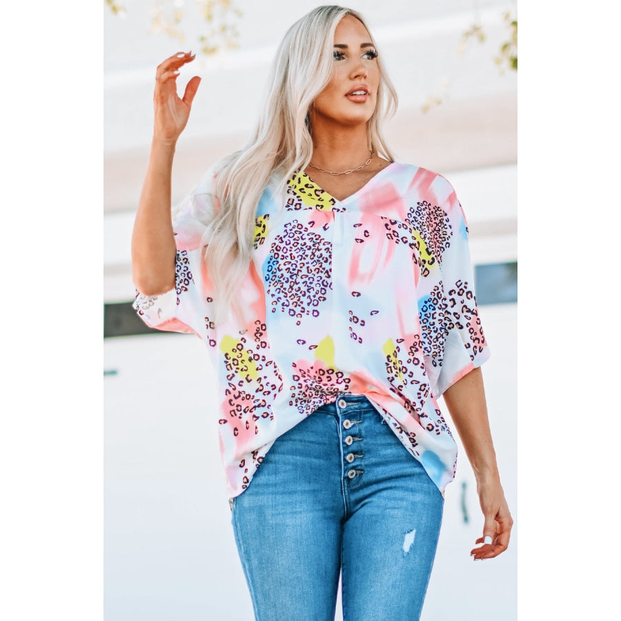 Mixed Print V-Neck Half Sleeve Top