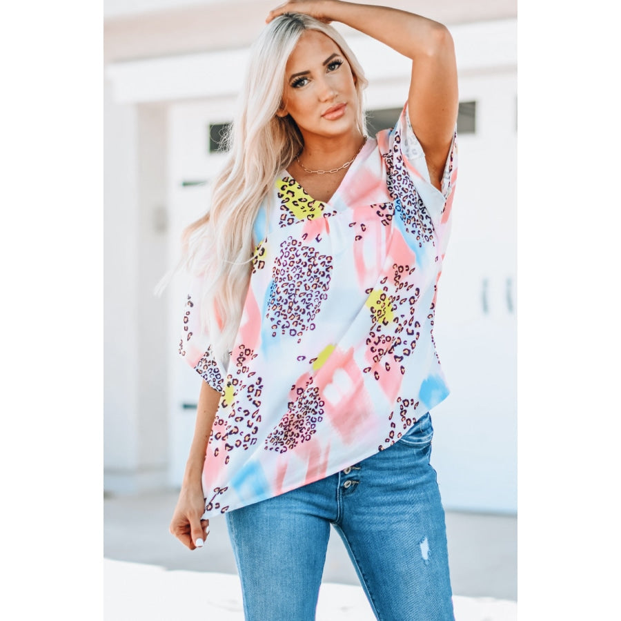 Mixed Print V-Neck Half Sleeve Top