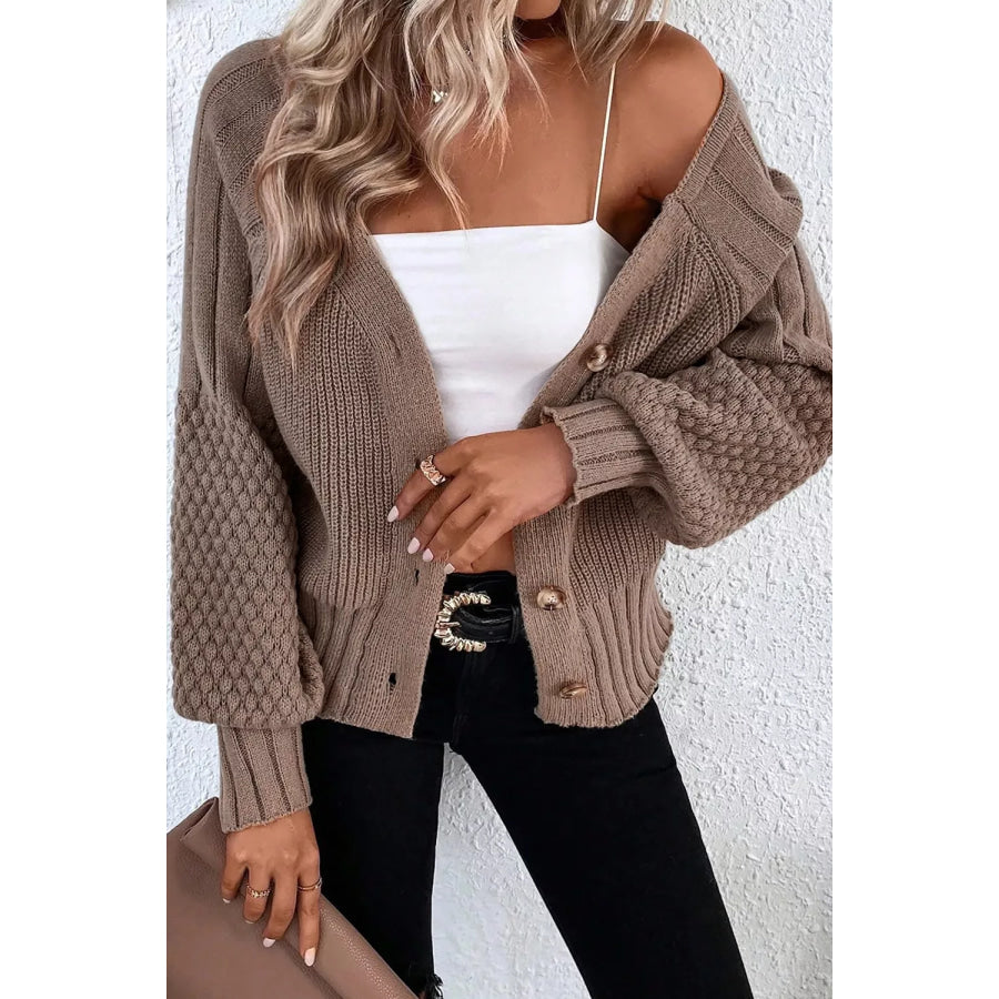 Mixed Texture Knit Button V Neck Sweater Cardigan Apparel and Accessories