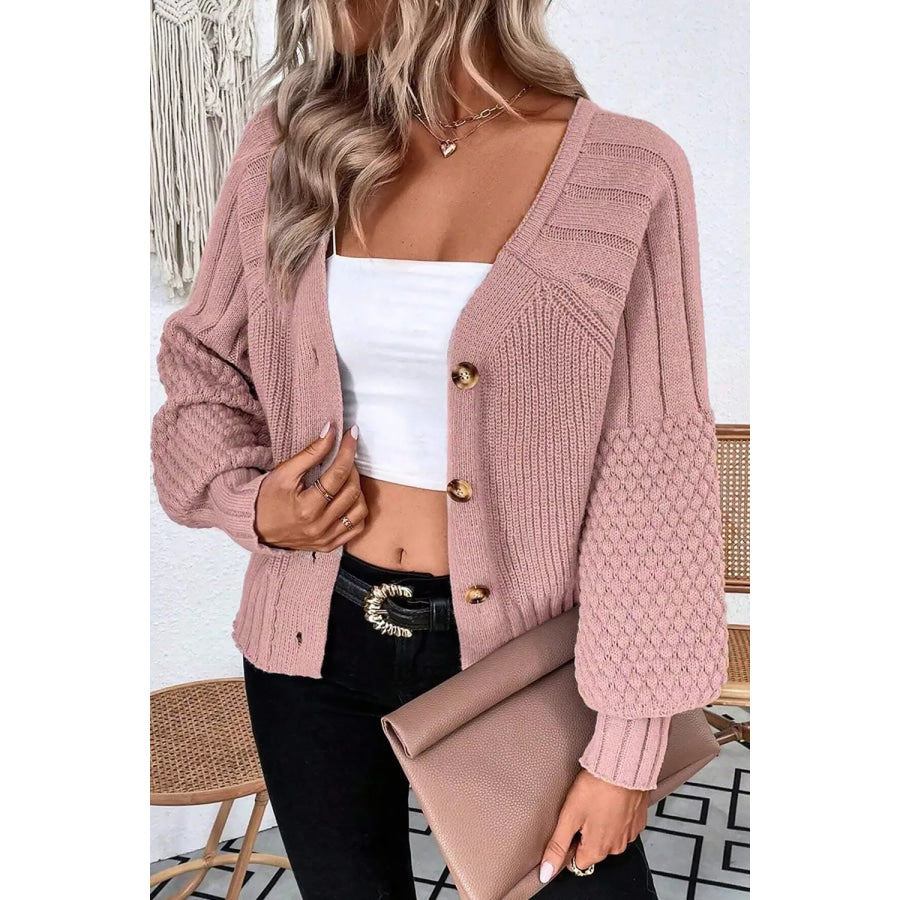 Mixed Texture Knit Button V Neck Sweater Cardigan Dusty Pink / S Apparel and Accessories