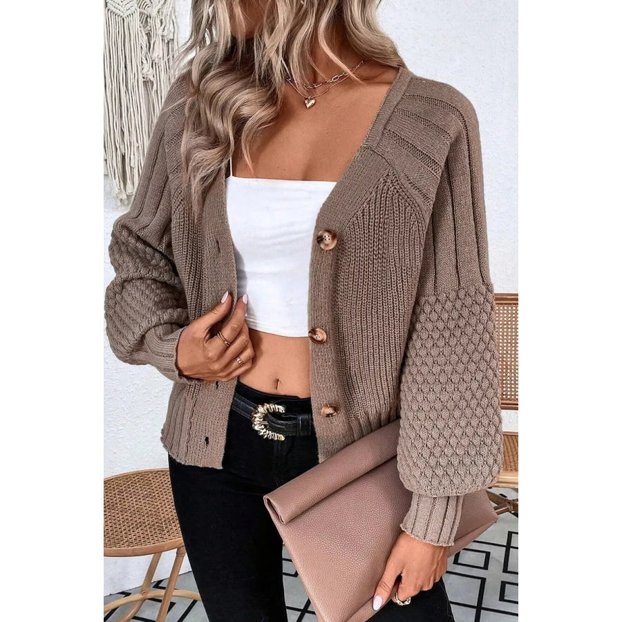 Mixed Texture Knit Button V Neck Sweater Cardigan Apparel and Accessories