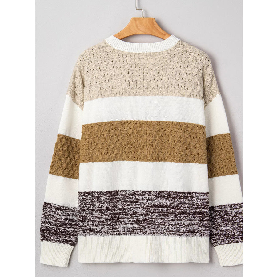 Mixed Texture Knit Striped Color Block Loose Sweater Apparel and Accessories