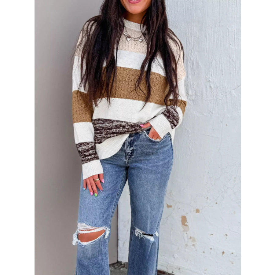Mixed Texture Knit Striped Color Block Loose Sweater Apparel and Accessories