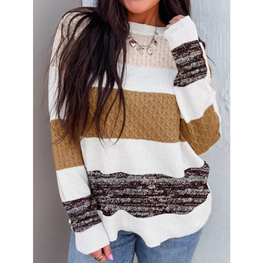 Mixed Texture Knit Striped Color Block Loose Sweater Apparel and Accessories