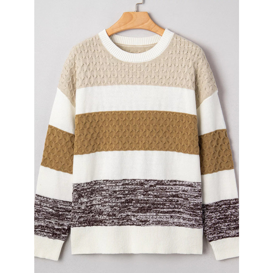 Mixed Texture Knit Striped Color Block Loose Sweater Apparel and Accessories