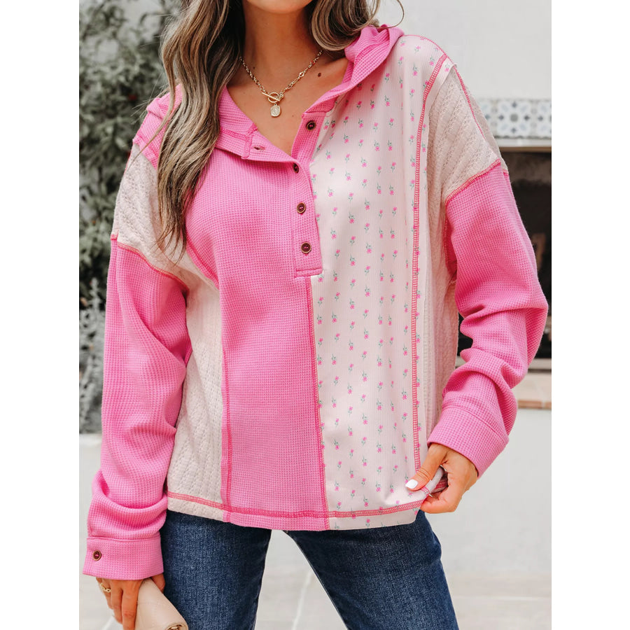 Mixed Texture Waffle Floral Patchwork Hooded Oversize Pullover Apparel and Accessories