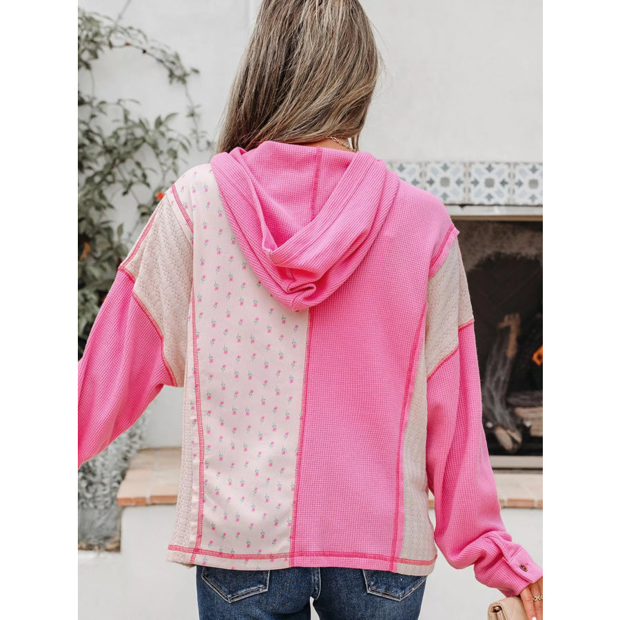Mixed Texture Waffle Floral Patchwork Hooded Oversize Pullover Apparel and Accessories