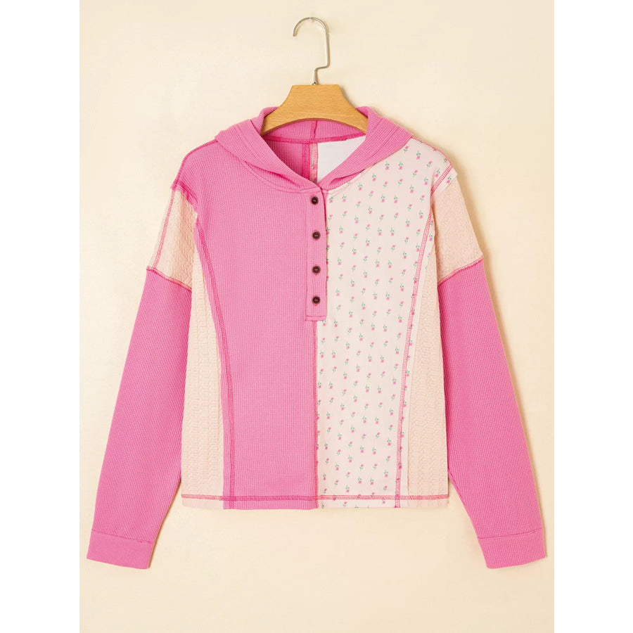 Mixed Texture Waffle Floral Patchwork Hooded Oversize Pullover Apparel and Accessories