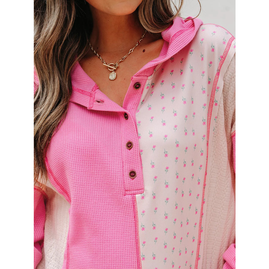 Mixed Texture Waffle Floral Patchwork Hooded Oversize Pullover Apparel and Accessories